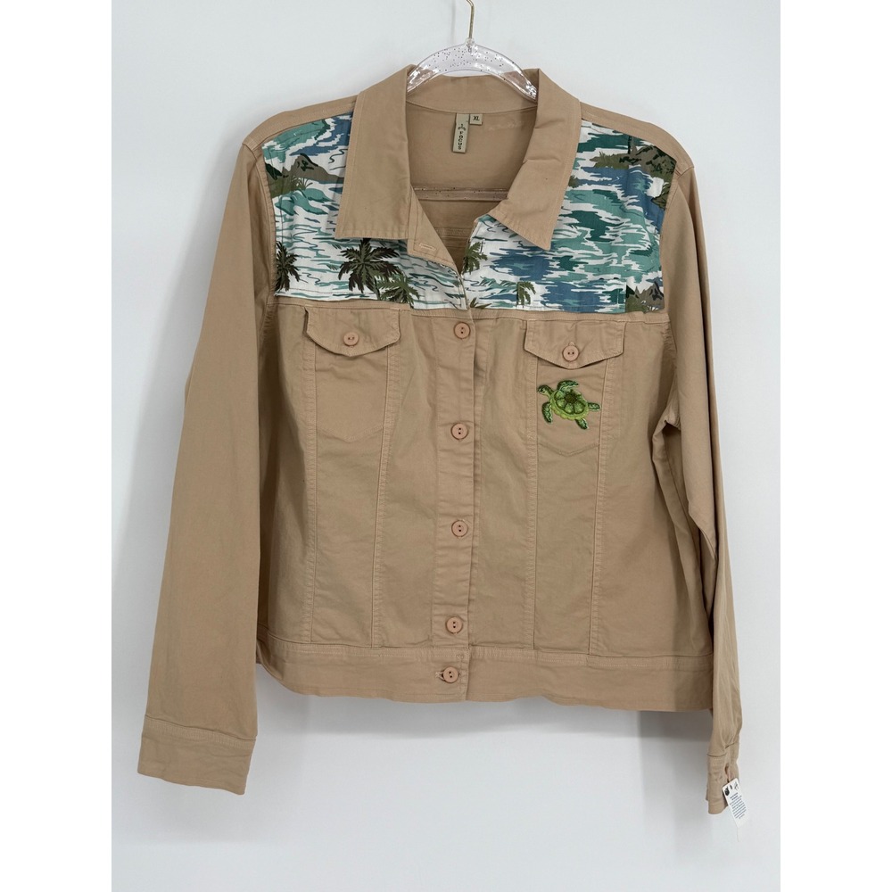 Focus Tan Tropical Print Sea Turtle Embroidered Button Jacket Sz XL Orig $55